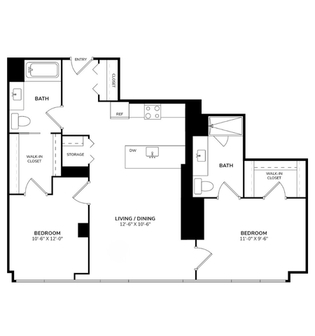Floor plan for 2 beds, 2 baths, 1130 sqft
